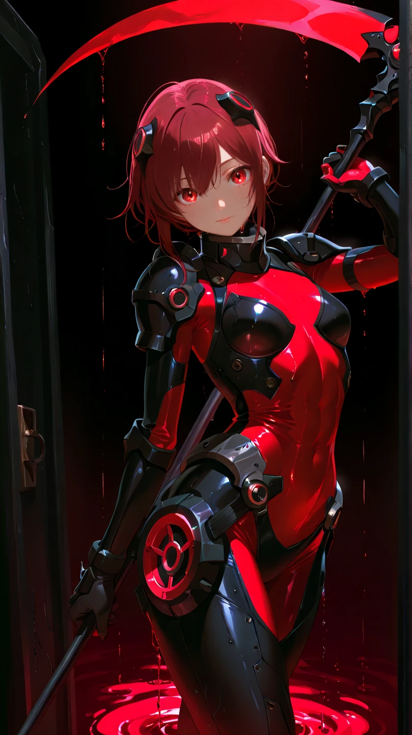 Robot woman, short brown hair, black eyes with red pupil, with roses and thorns all over the body, cables sticking out, terrifying, with a macabre smile, with blood
