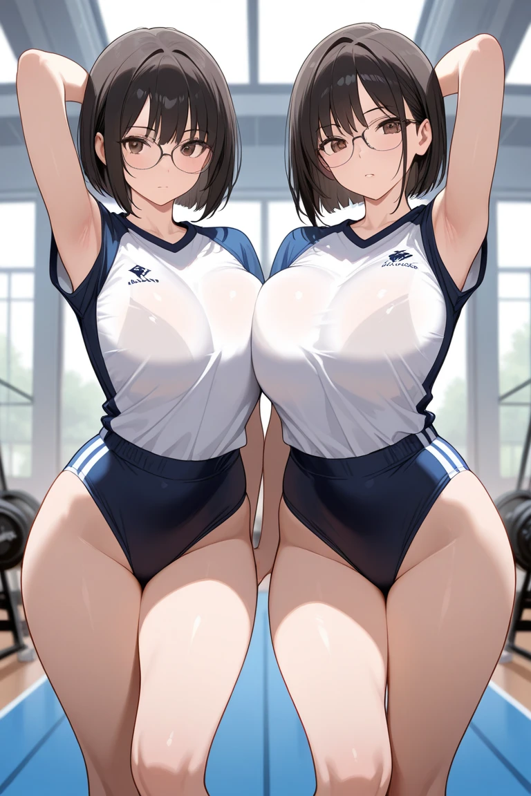 gym room,Three mature women in their fifties,busty figure,Huge amazing ass,Huge sagging breasts,Translucent fitness wear,White gym clothes,did not wear underwear,the lower body is naked,tempting pose,Panties slip off, your ass