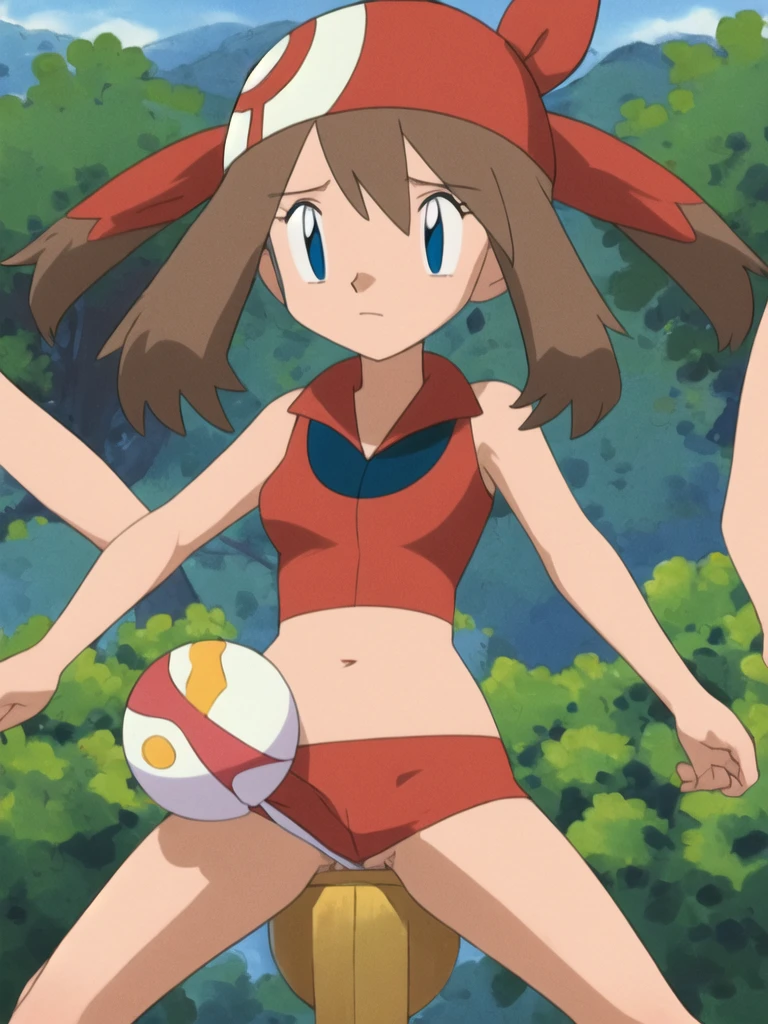 masterpiece, best quality, highres, outdoors, 1girl, solo, may (pokemon), bandana, red shirt, bare shoulders, pregnant, embarazada, vientre de embarazo, barriga de embarazada. Bikini, microbikini, micro bikini, bikini rojo, embarazada, barriga de embarazada, sonrisa, sonrisa timida, mirada tranquila. 