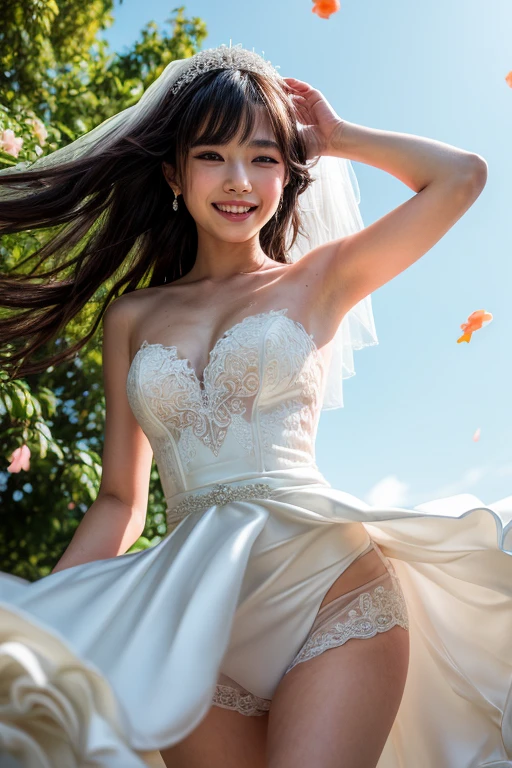 Lalah Haro is smiling and jumping in a sexy wedding dress in the style of Yoshikazu Yasuhiko&#39;s illustration