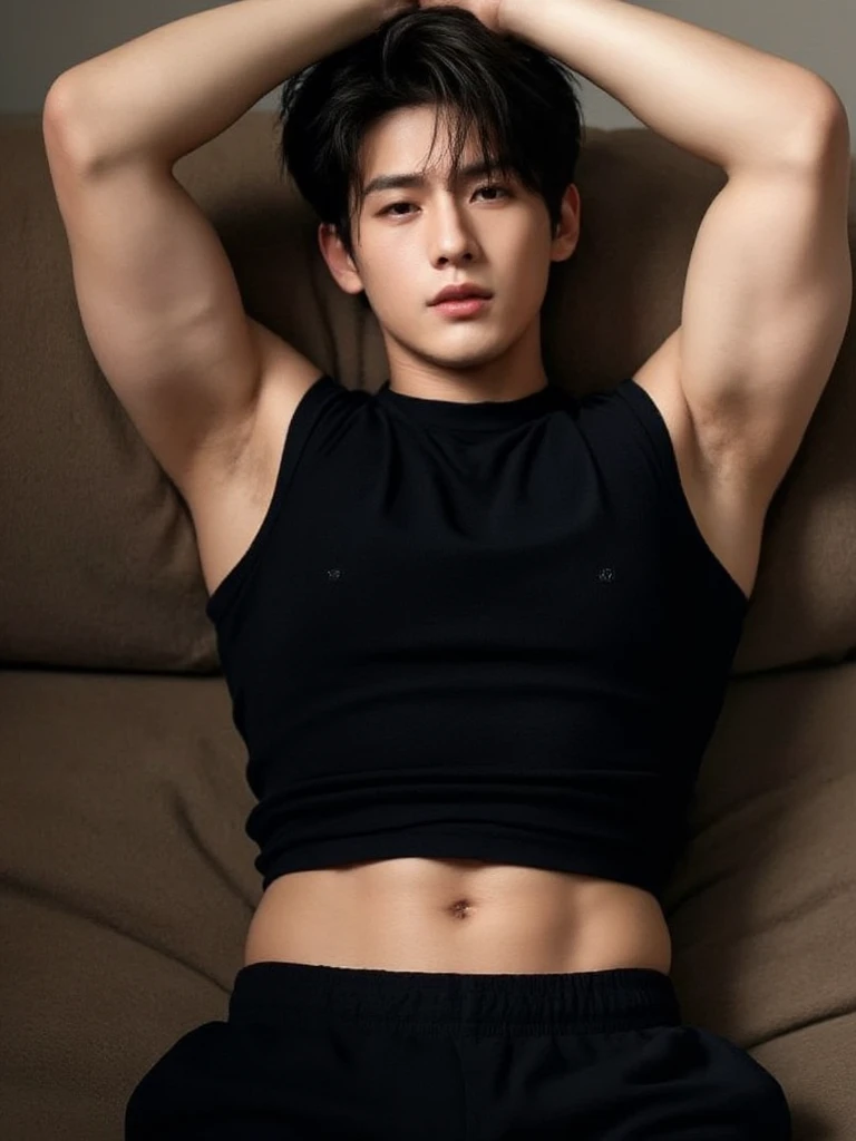 Korean male model in a briefs, handsome man, Full Body Shoot, korean hair style, look at camera, detailed facial parts, Manly, Charmer, Active Boy, standing in livingroom, open legs, Freestyle Pose, Happy Expression, perfect anatomy, symmetric body, asian boy 19 years old, shirtless :: high detail, asian, a little six packs attractive body, realistic, human skin, Short Hairstyle, handsome chad chin, shirtless, handsome, attractive, masculine, sexually attractive, human skin, (eyes contact), Handsome, Attractive, bulge in briefs