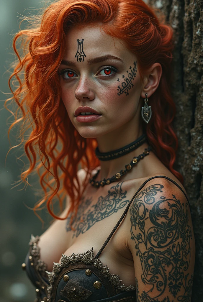 a black woman, with red curly hair, with many indigenous tattoos