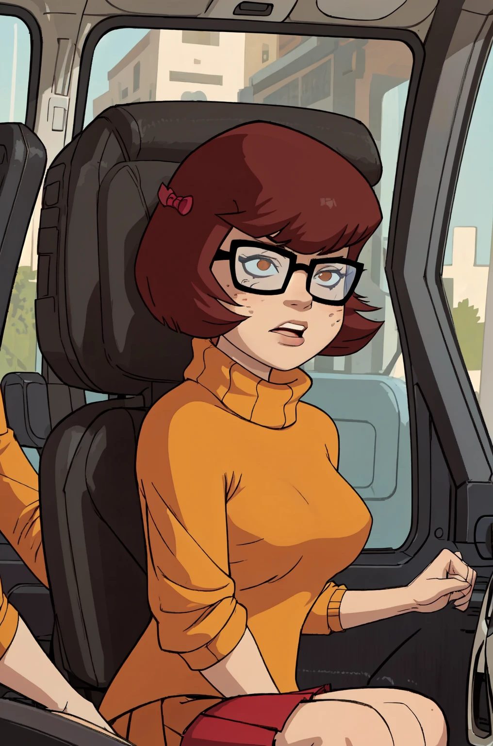 mkvd, 1girl, turtleneck sweater, sweater yellow, red skirt, happy, looking at viewer, glasses, upskirt, cameltoe, yellow panties, sexy, panties view, panties focus, panties zoom in,