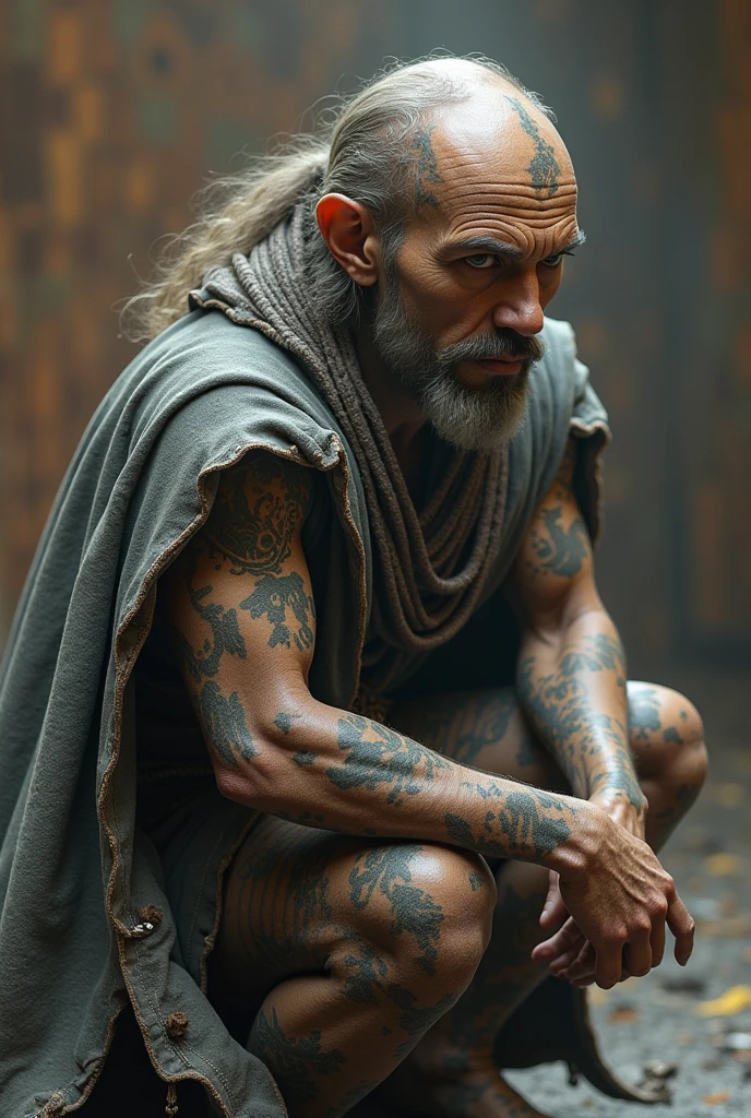white haired scraggly shirtless tattooed androgynous viking shaman, has facial tattoos