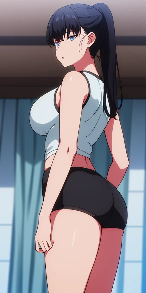 1 Female,High definition,high resolution,Ultra-realistic,8K, CC, 1girl, black hair,large hair, purple eyes,large breasts, European,sexy,Upper body close-up,Photographed from the front,Dynamic Angles,private teacher,A little sheer underwear,Red underwear,looking at viewer, from behind, looking back, cute butt, (blush ),((big ass:1.5)),(huge ass:1.5),((white lace bra)),((white lace panties)), big , nipples ,show