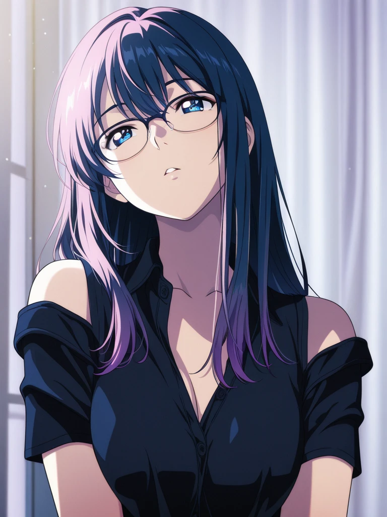 A Beautiful 18-year-old witch girl with glasses and fair skin And long, dark purple hair with purple eyes and dark purple lipstick.