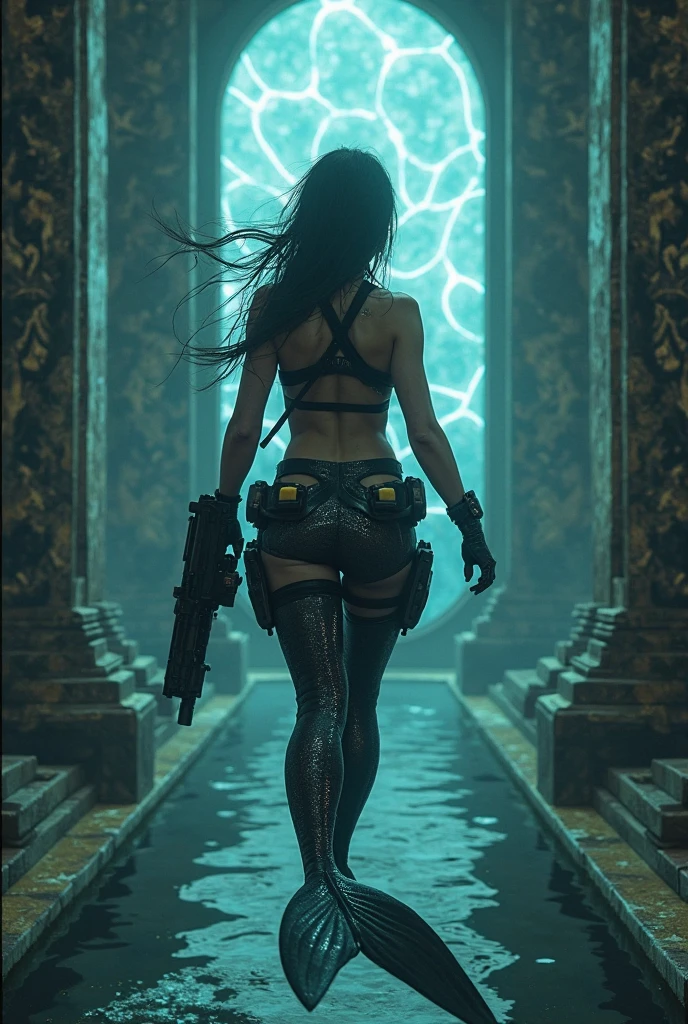 C7b3rp0nkStyle, dark night, prehistoric maze mysterial garden, moai statue, waterfall, cyberpunk, sci-fi, futuristic, tech. (((((1girl, solo, alone))))), medium-breast:1.1 slim body, cleavage, sexy clothes, (headphone, black sunglasses, long black realistic hair), (((hip-up standing and holding pistol))), half-body thigh level medium shot, cinematic lighting, lens flare, ray tracing.