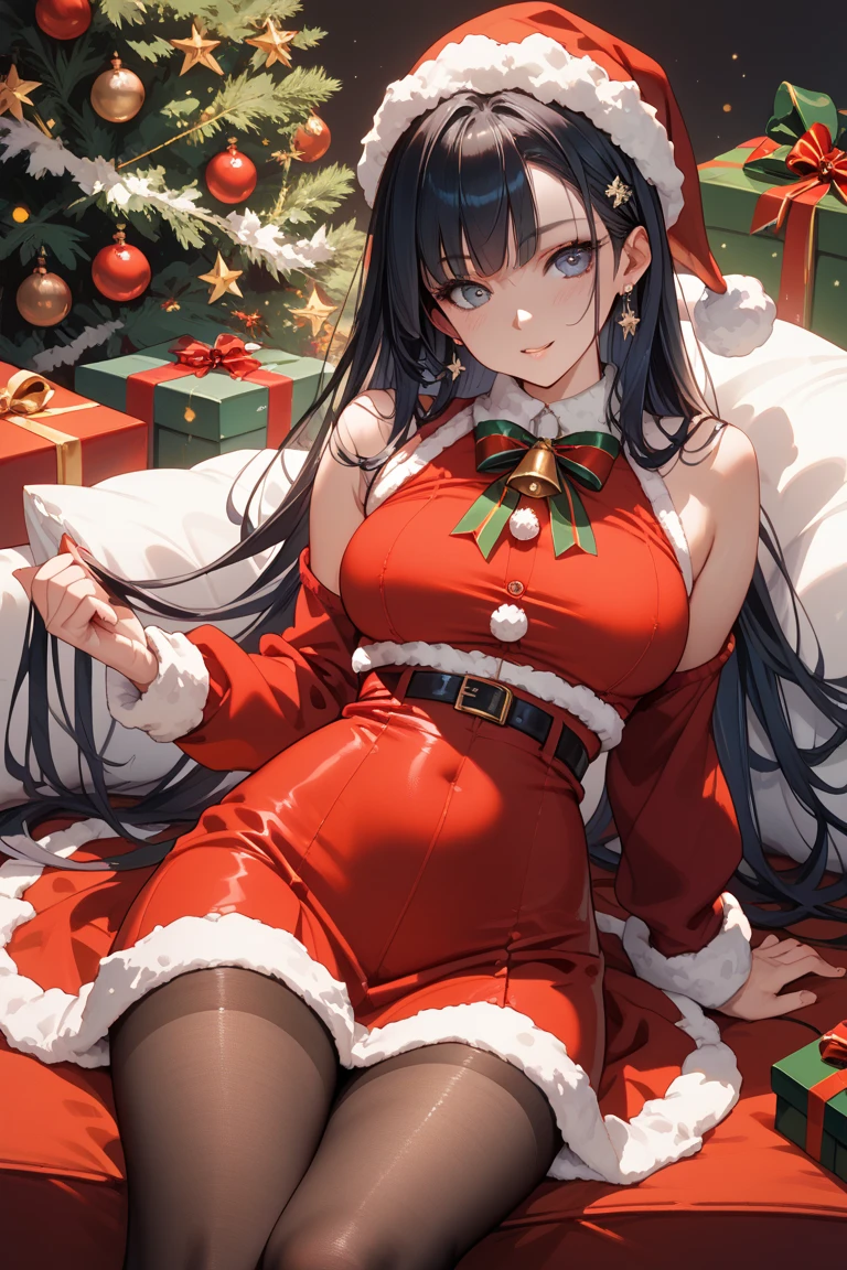 Highest quality,Highest Resolution,A beautiful girl in a sexy high-cut Santa costume,Open mouth and dripping tears and saliva,Bedroom,Christmas tree,