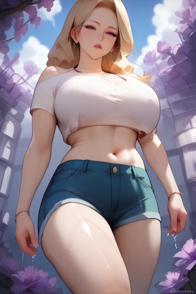(Uhd, Masterpiece, Textured Skin, Super Detail, High Details, High Quality, Best Quality), Detailed Face, 1woman, mature pretty woman:1.5, ((Wide hips, thick thighs, massive huge breasts)), Blonde hair tied up, (White tank top shirt/demian shorts), (Huge Body)