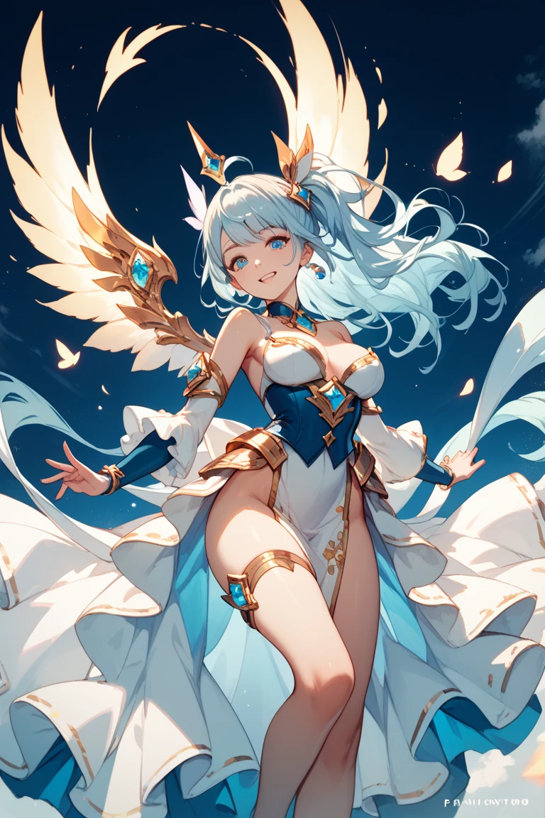 ((4K,masutepiece,Best Quality)), maxiskit, dress conservatively 1 girl, Solo, Full body, wide shoot,(((Cute angel flying in the blue sky))), Fantasy, Big Angel Wings, Big smile, Blue long wavy hair, Blue hair, Delicate eyes, beautifullydetailedbackground, (on clouds), (Full speed、fly)、 (2 large feathers:1.3), Lens Flare,