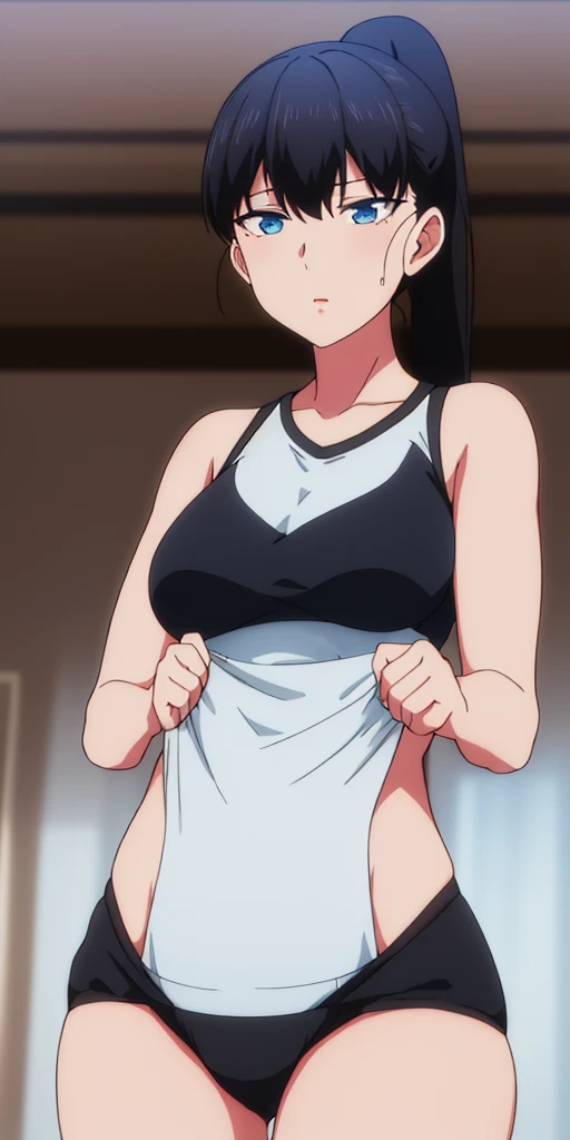 masterpiece, absurdres , (intricate details), (colorful),cinematic lighting,bust shot,extremely detailed CG unity 8k wallpaper ,hinata\(boruto\), 1girl, solo,mature female, arm up, looking at viewer, sports bra, locker room,cowboy shot, nua