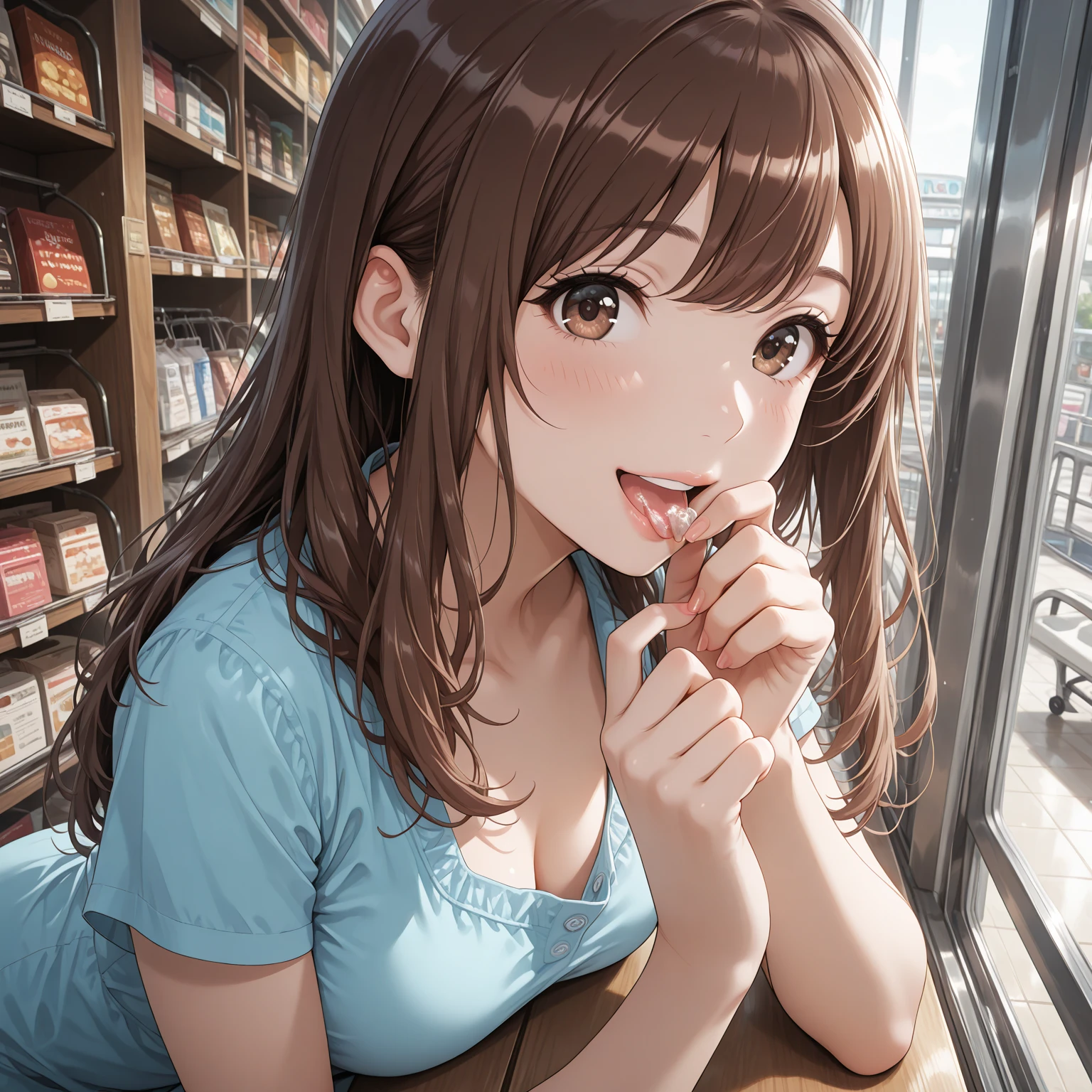 semi-dressed, beautiful young woman (Manga character style) hungry, eating a chocolate pie, in a candy store (Super high quality), (Masterpiece), hyper-realistic, high detail, volumetric lighting, dark light --auto --s2