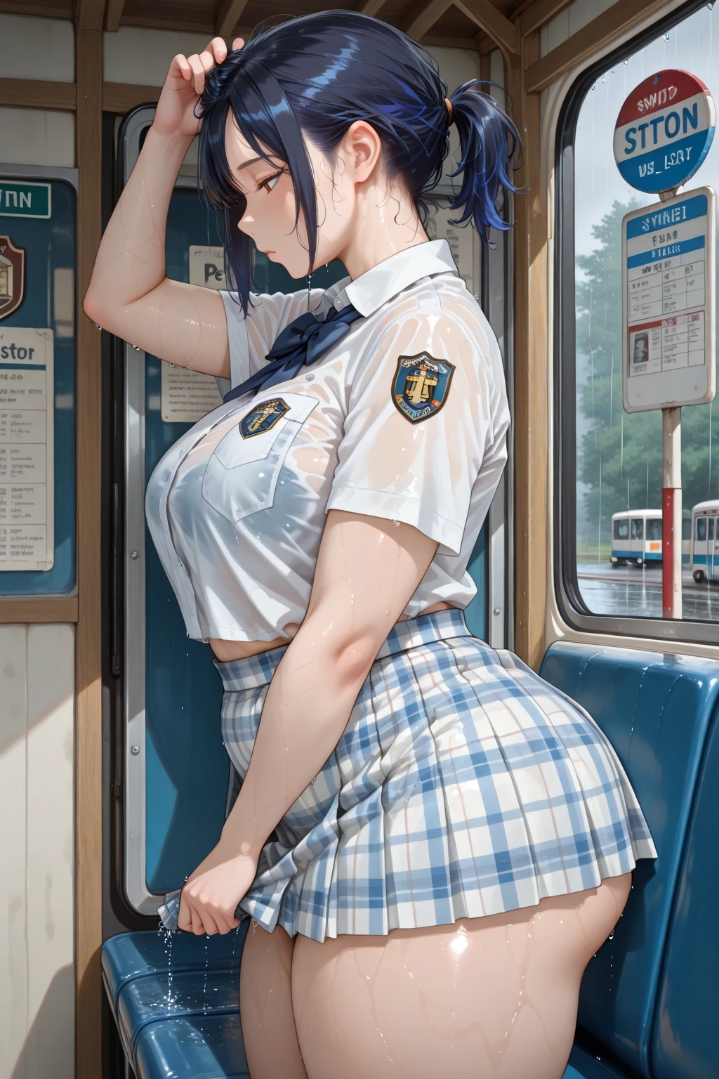 One Woman、Braided twin tails、Huge breasts、(Huge breasts:1.8)、Glasses、blue eyes、Green Hair、 My hair is messy, Black gloves, White socks, Police uniform, Black Skirt, Short sleeve, Cowboy Shot, salute, Put your hands on your hips,The lower half of the body is completely naked、(Not wearing underwear),(Not wearing pants)、Pubic hair sticking out,Pubic hair sticking out,The nipples are erect,Nipples are erect, close your eyes, Tears in the eyes、Open your mouth, What saliva leaves behind, Wet skirt hem, Sticky panties, Bulging of the vibrator cord, Vibrator with Garters, Subway car interior background, In a crowded crowd,(I can see her pussy),(The vaginal opening is visible),The vagina is visible,The female shadow is visible)