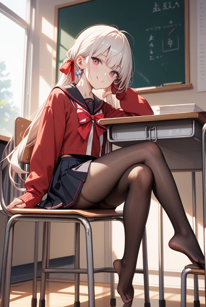 Female Student in a schooluniform with super shiny pantyhose and shoes. She sits on the table. She has a deviant smile and dominant expression. She has white hair with shiny blue eyes. She knows all the other students are drooling with lust and jealousy for her.