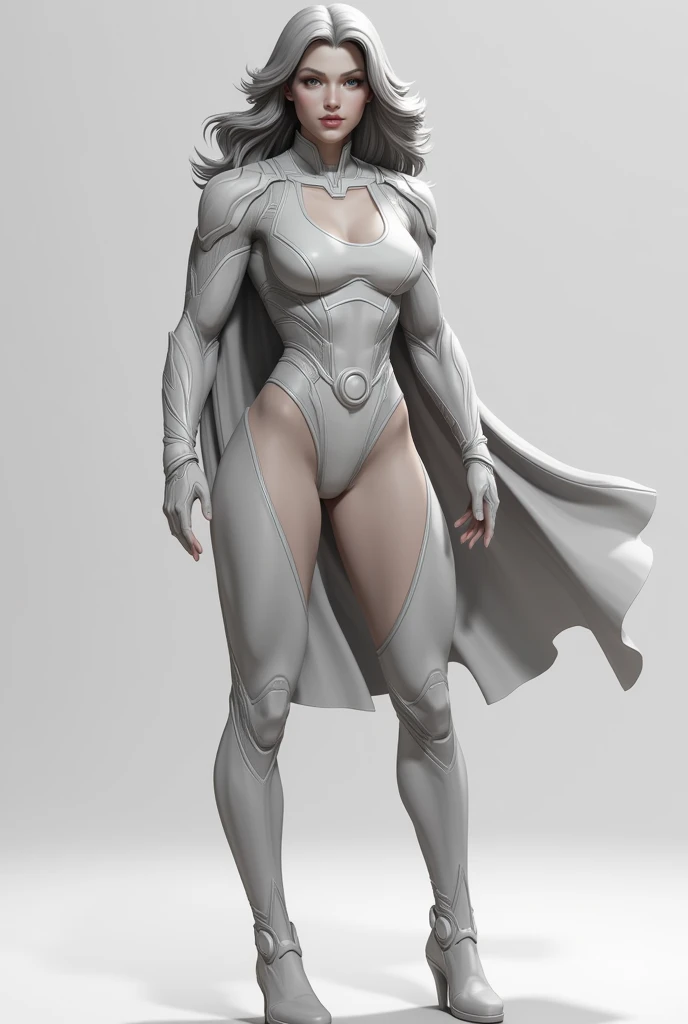 Close-up of a woman in a white suit and cape, female moon knight, Goddess. Extremely high detail, character is in her natural pose, power girl, detailed full-body concept, White shiny skin, cinematic goddess body shot, Detailed body, powerful posing, statue of a perfect woman, super scale rendered, krenz cushart and artgerm