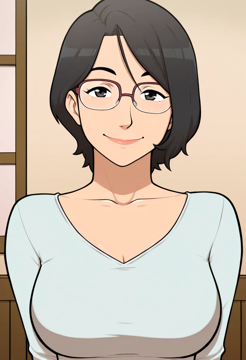 1girl, old_woman, mature_female, black_hair, updo, miko, glasses, blush, looking_at_viewer, cleavage, upper_body, ((masterpiece)), ((high_resolution)), blurry_background <lora:lora_ncc_a5-000028:0.75>