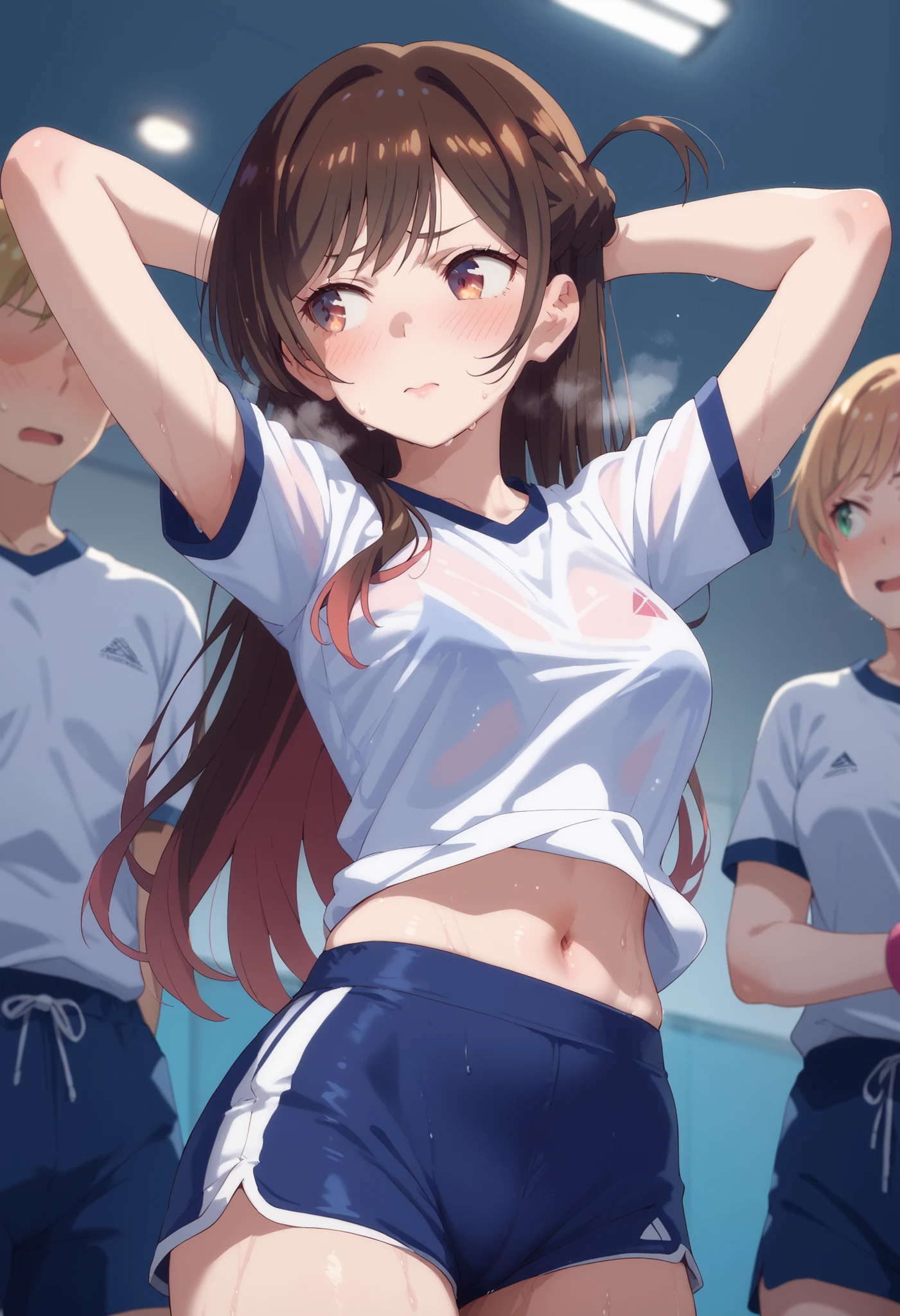 chizuru ichinose, tight shorts, dancing, sweat, very embarrassing, flush, steam, white breathe, (sweaty school gym shirts:1.3), looking to the side, underwear,