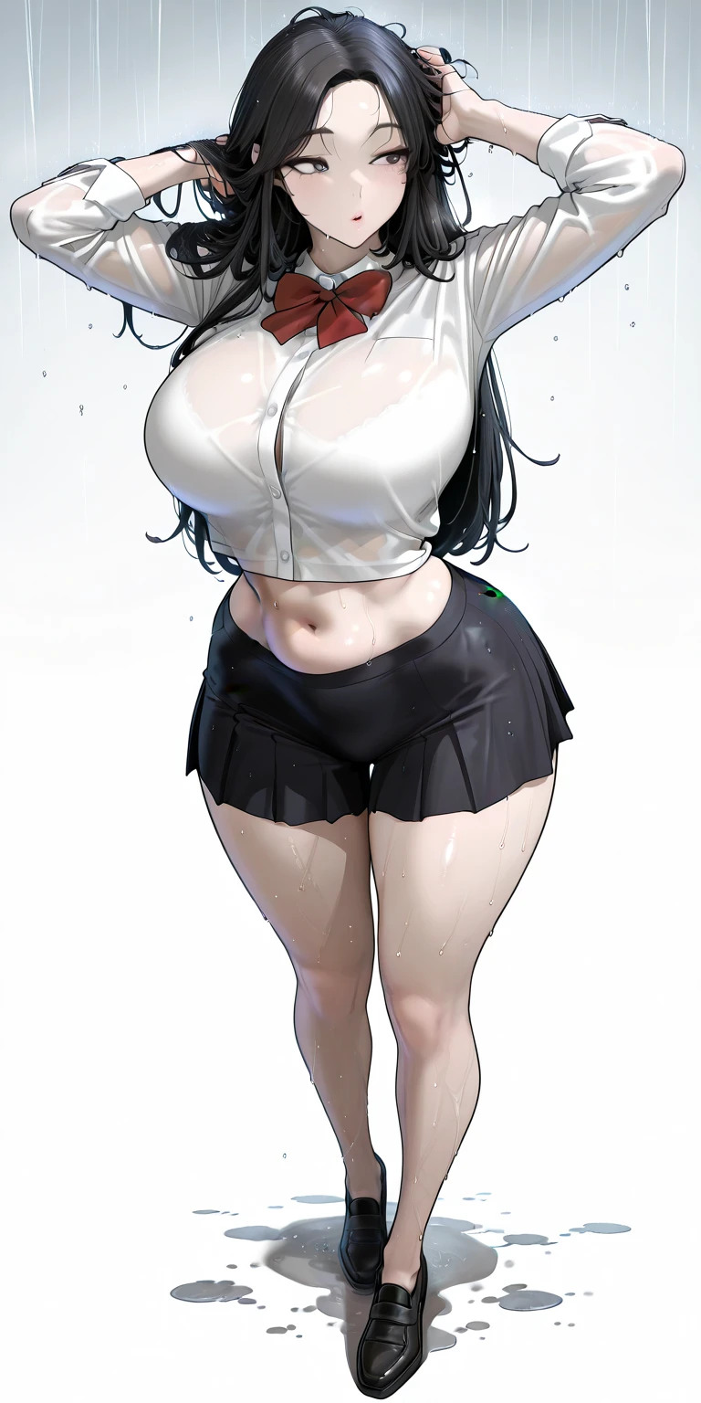 (Best quality, 8K, 12), 1 white girl, 18 years old, long dark purple hair, red eyes, (((full body))), giant breast, curvy, (((ultra detail face, ultra-detailed eyes))), slender eyes, ultra detailed lips, ultra detailed body, ultra detailed breast, convex areolas, (((white tank top with big neckline, cleavage, dark blue pleated skirt, thick legs visible, high heel black boot, red shoelace))), standing pose, milf, front view, looking the viewer, neutral gray background