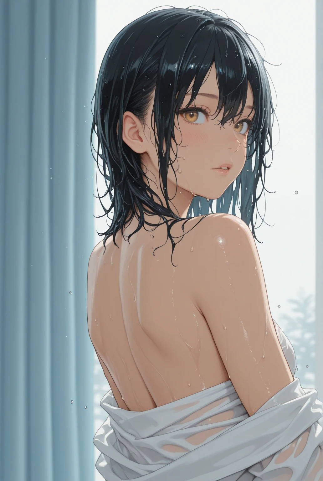【Highest Quality, masutepiece】 [girl, expressioness, skyblue eyes, Black hair,naked ,straight haired, short hair ,beauty skin,breast,Upper body] (Gray white background:1.5) ,soap_bubble bubble wet,bubblebra