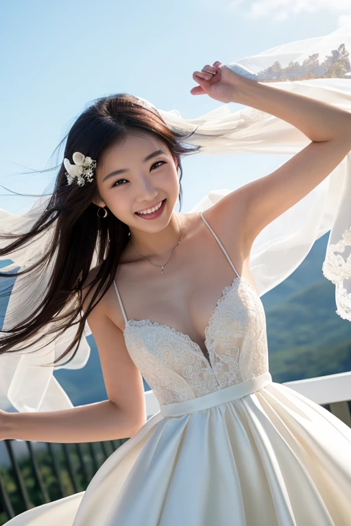 A girl smiling in a sexy wedding dress, Japanese women。Beautiful breasts。
Textured skin, Flower storm、Front blur, Hair Flower, Lens flare, Sparkle Effect, reflected light, Lakeside。
Bouncing