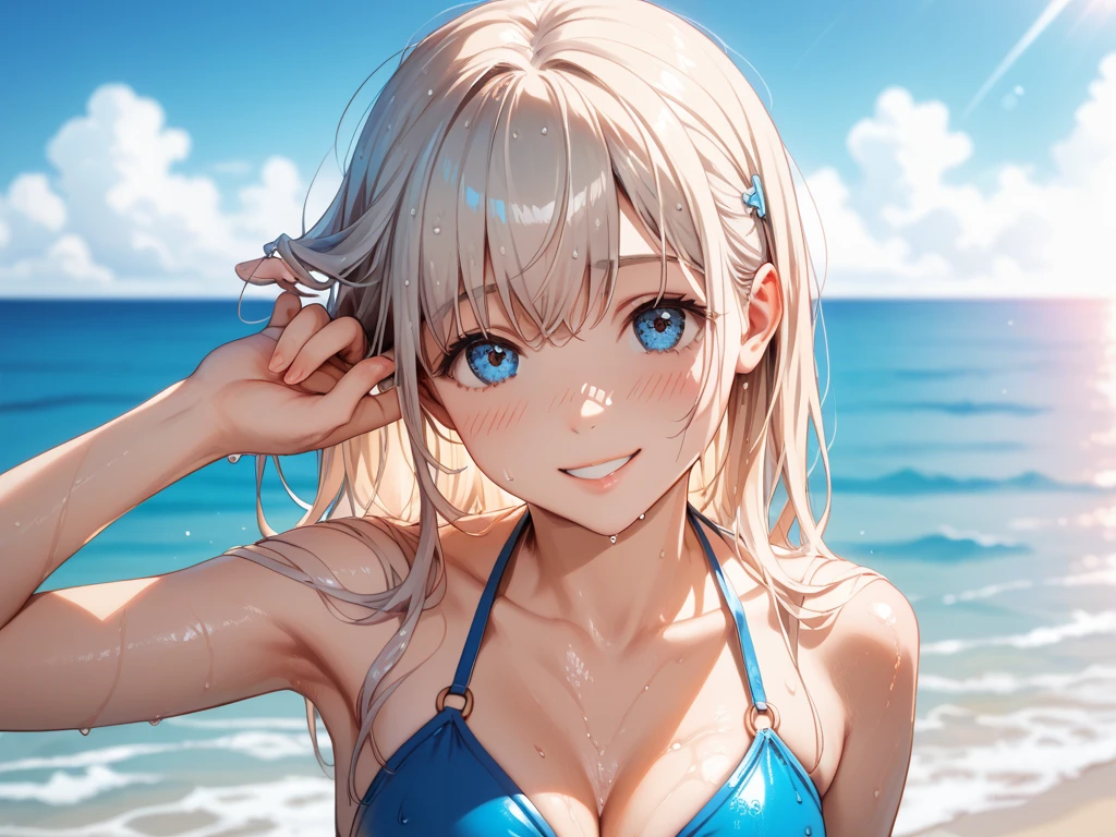 masterpiece、high resolution 8k、NSFW、sharp focus、contrast lighting、fine skin、muste piece、 highest quality、Ultra - High resolution、Super high resolution、Highly detailed CG、1girl,standing,a beach,sea,The sky is clear and blue,a few scattered clouds,sunny day,seagull, a red bikini top,blue denim jacket shorts,long blonde hair hair,smiling,headphone,