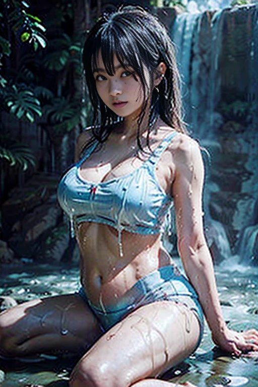 1girl in, Slender body, Extremely cute, ((extremely detailed beautiful face)), (Lace costume with wide open chest), (lace bra:1.5), (Beautiful breasts), extremely detailed CG unified 8k wallpaper, Highly detailed, High-definition raw color photos, professional photograpy, Realistic portrait, celebrities, makeup, Indoors, (Dark limestone cave:1.3), (Rainbow-colored limestone caves, Iridescent stalactites:1.5), (An underground limestone cave full of secrets, Pale limestone cave, Beautiful stalactites, Light reflecting off an underground puddle that looks like a secret, Lakes Palace,:1.5), spread your legs wide, Depth, Three-dimensional, (View from below:1.1),