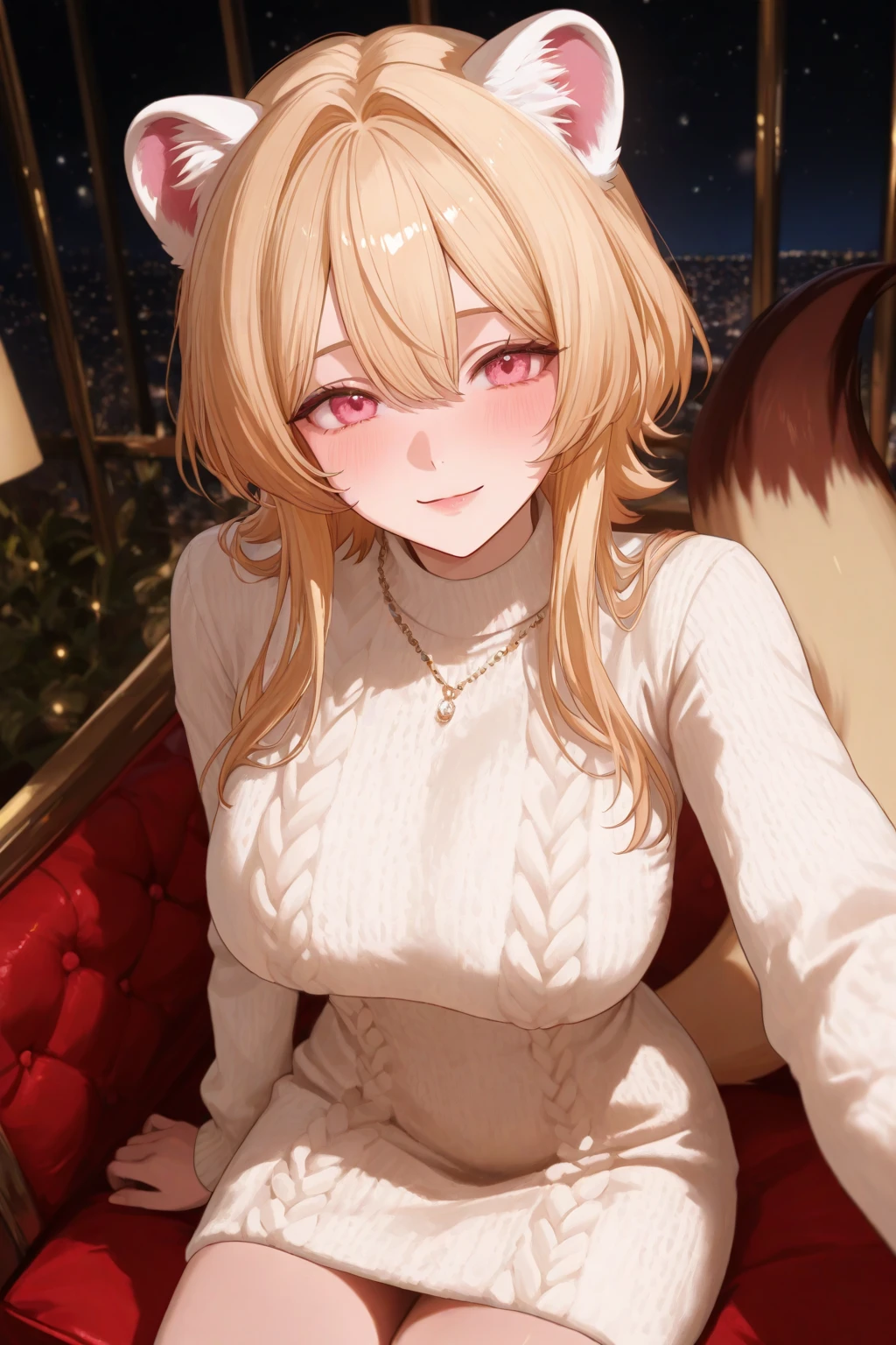 Professional photography, Catgirl, blonde hair, (detailed eyes), smile, braid, Yellow eyes, [golden eyeshadow], cat ears, lipstick, medium breasts, 
BREAK, Oversized, quirky Christmas sweater with blinking lights, leggings with festive patterns, and cozy knit socks, embracing the charm of an ugly sweater party