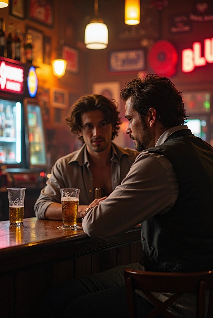 Young handsome cute beautiful skinny white face without shirt de cowboy sentado alado de un hombre vestido de negro cowboy millonario en un bar oscuro