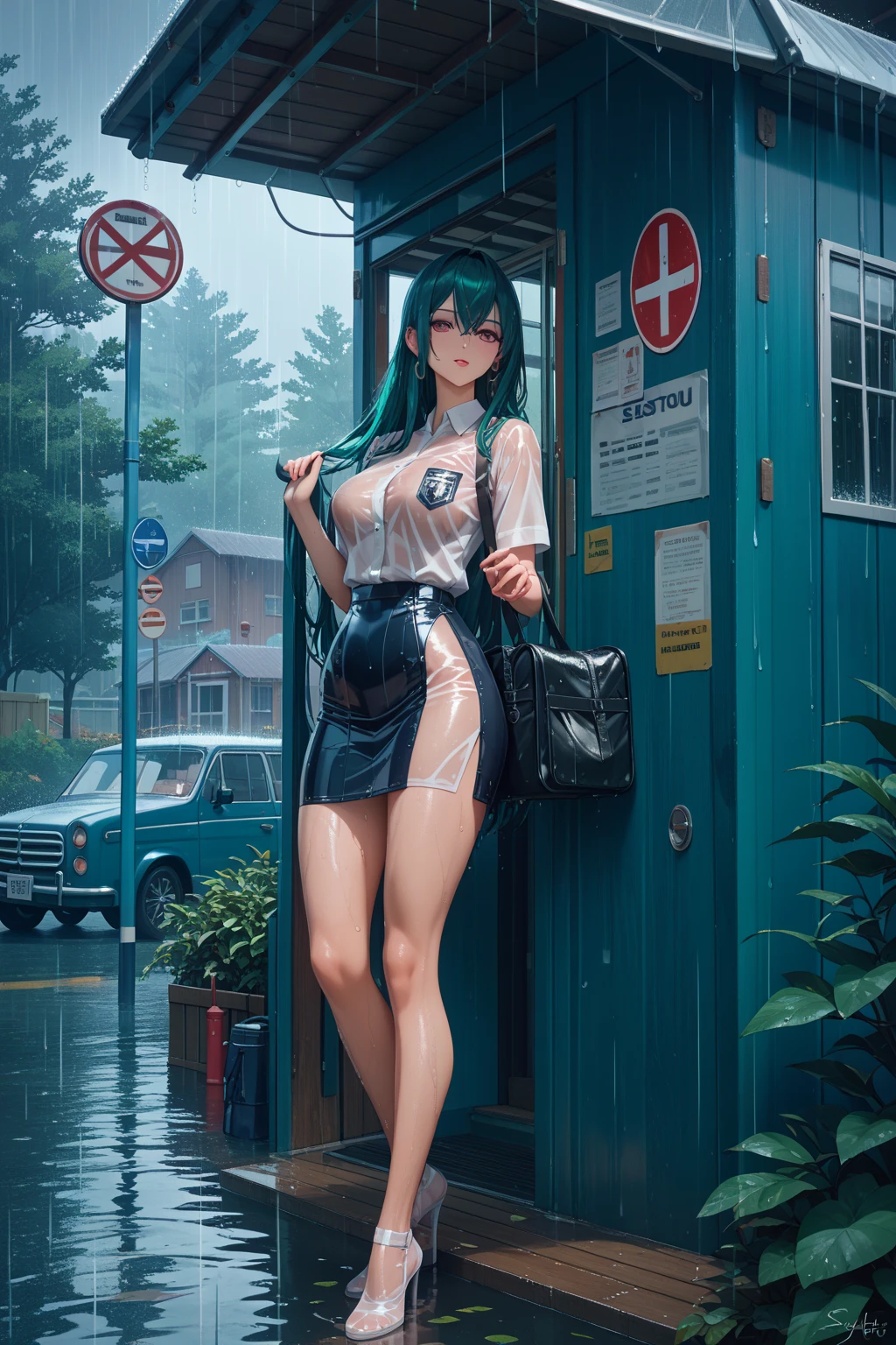Girl, no pants, Shirt unbuttoned, You can see her breasts, Bus stop in the Rice fields  background, openlegs, Bare chest, small breast, slim body, Sneakers , wet body, Wet hair, rain, Experiences Orgasm, You can see the ass 