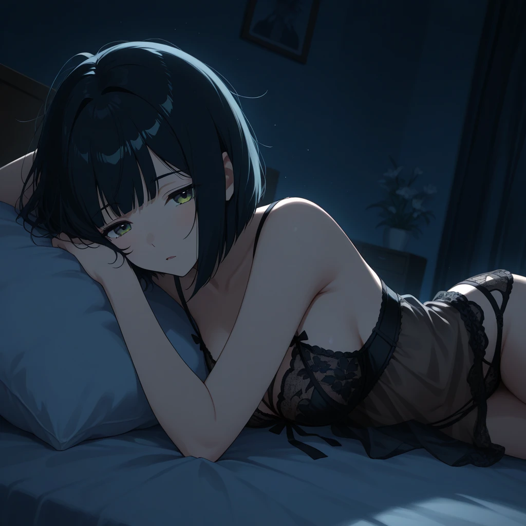 us, teen, lace thong, lace bra, medium breasts, small nippless, whole body, bedroom, to become night