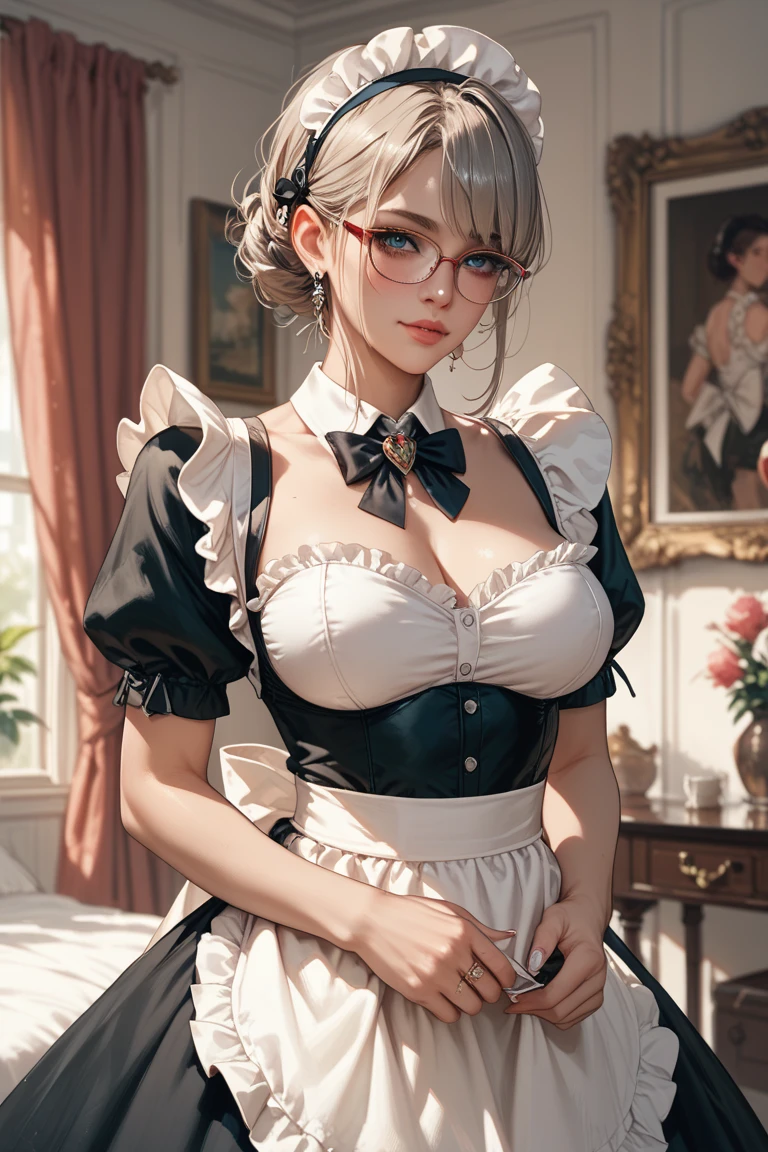 (8K,Photorealsitic Raw photography top-quality;1.4) 1womanl) Super beautiful woman with glasses (Lifelike face) (Blonde Short Bob) Entice your audience Beautiful expression Blue eyes (real looking skin) (Female Maid Chief) enticing 超A high resolution A hyper-realistic high detal large chest with a thin body, Intelligent spectacle beauty Luxurious black and white maid costume Black and white maid skirt a smile Mole on the mouth a smile