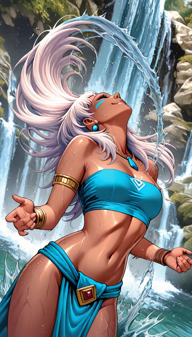 a curvy and big-breasted Brazilian heroine, wearing a sexy river blue high-leg leotard. She has a powerful and confident stance, embodying her connection to the Amazon rainforest. Her appearance is enhanced with natural elements, such as subtle water and plant motifs on her leotard, and her long, flowing hair reflects the vibrancy of the river. The background shows the lush, green environment of the Amazon rainforest, emphasizing her role as a protector of nature.