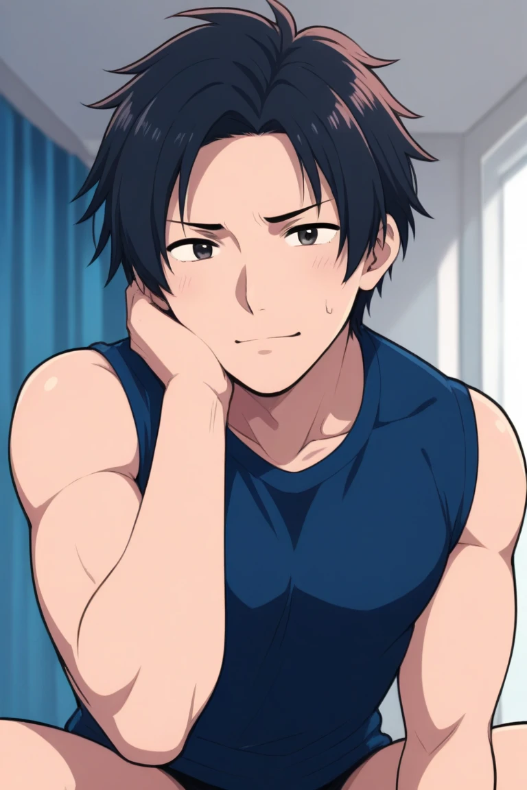(highest quality,Cowboy shot:1.2),(perfect beautiful face:1.2),(perfect and beautiful posture:1.2),((Solo male:1.2)),(men's muscle body:1.2),(messy short cut hair), (confused:1.3,embarrassed:1.5), (shyness:1.1),(Sweaty, sunburned skin),(open mouth:1.3),Looking at viewer,classroom,window with black Night sky:1.3,((scared expression,constricted pupils:1.3,tears)),White blue Track uniform Buruma,black hair,(flat chest:1.5),double Peace sign,fake smile:1.3,standing,((tall and thick:1.3)),midriff baring,