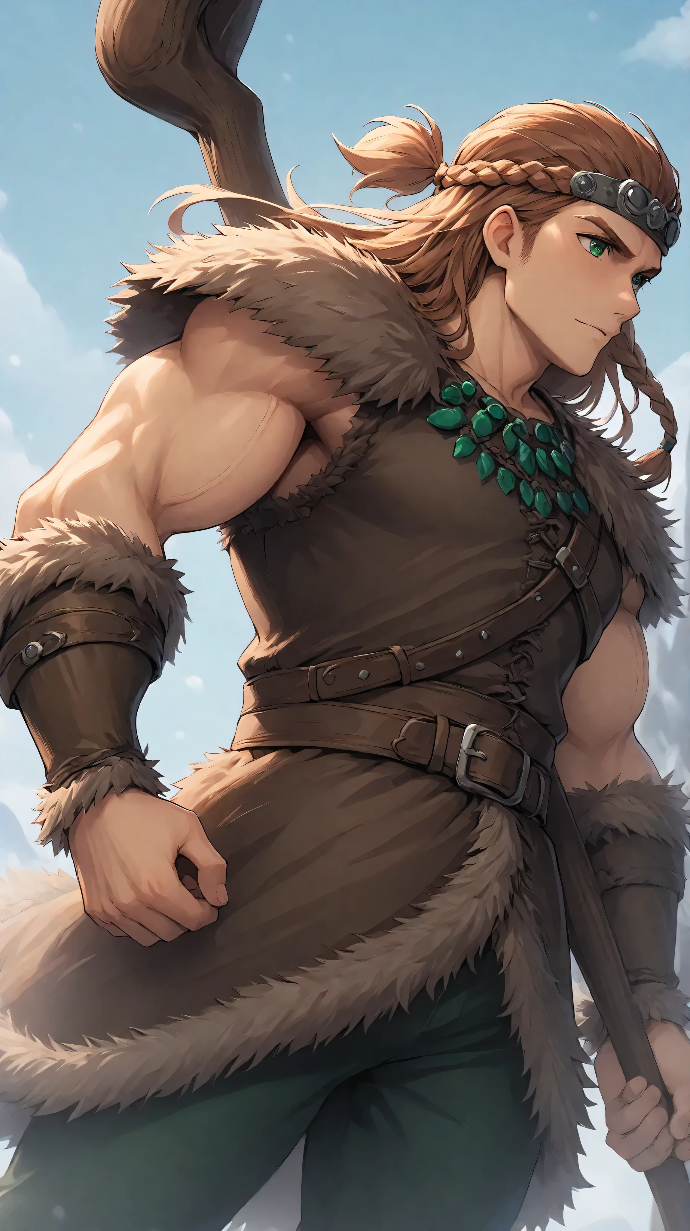 sinozickexpressaiu, braided side, young man, brown hair, green eyes, holding a steel staff, viking, muscular, slim, fully clothed