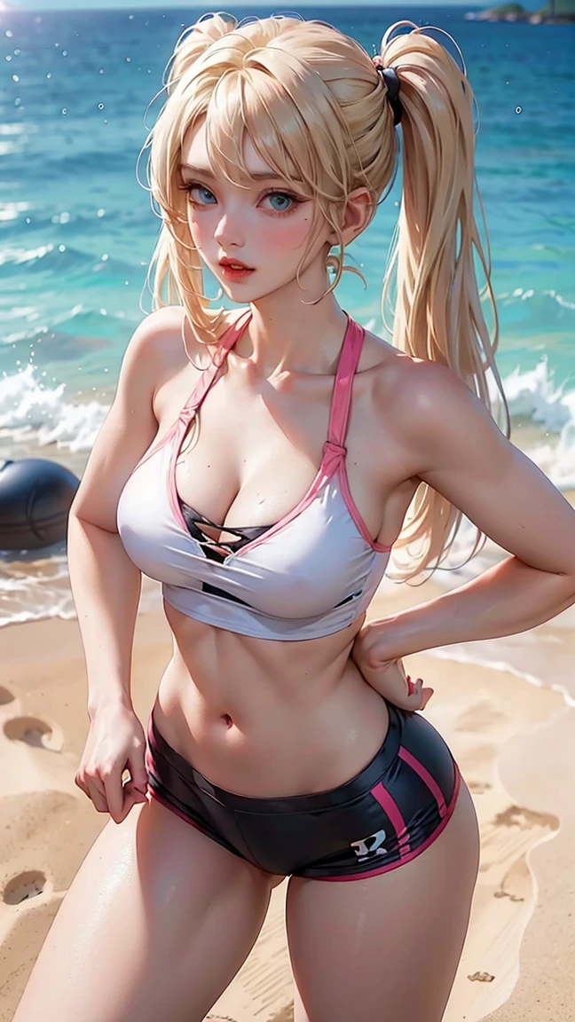 lustful spirit,happy smile,open smile,groin,((a girl,brown eyes,dull blond hair,small breasts,small hip,slender,dynamic pose,shiny skin,drooping eyes,Navel exposed,blunt bangs ,side ponytail,blush,angry,light blue athletic shorts,bare shoulder, light blue shirt,pink suspenders,pink Sun visor,skindantation,cutout between underboob,a bathing suit cut away at the hip)),