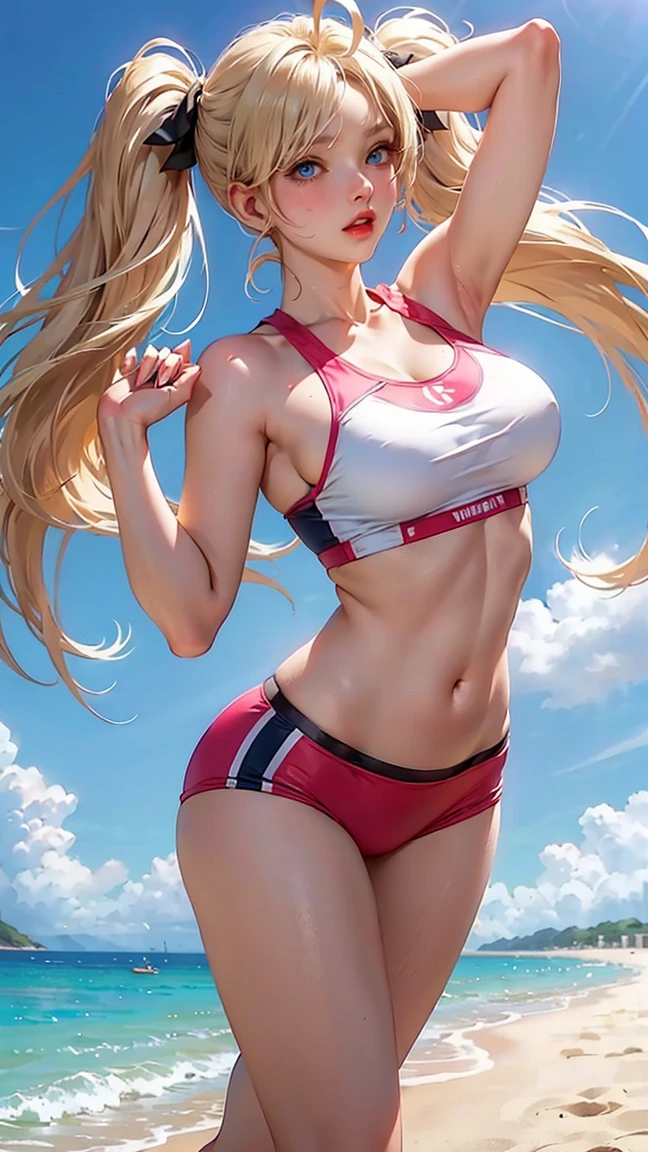 ((greatest masterpiece:1.3, ultimate quality:1.3, ultra-detailed, movie lighting, perfectly sensual)), super fine illustration, an extremely delicate and beautiful, 4K, 8K, 16K, UHD, 1girl, solo, Blonde hair, long hair, green eyes, gorgeous hair, lustrous eyes, voluptuous, well-proportioned feminine body, anatomically perfect, detailed beautiful face, promotional photo, panel photo, shy charming smile, heavy makeup (eyebrows, eye makeup, cheeks, lip gloss), immaculately styled hair, cheerleader, perfect posture (chin, back, lower abdomen, waist, angle), squat, ((Seductive pose)), cinematic camera angle, official artwork, bold composition, alluring image, perfect AI assist, (will be a great masterpiece:1.4),detail_facefitness busty blonde cheerleader 25 years old woman, sport wearing, sexy cheerleader wearing micro miniskirt, big tits in air, in the stadium,