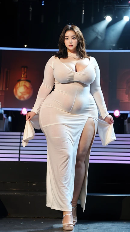 Aishwarya rai, without bindi, white deep navel line dress, massive cleavage show, thigh high boots, choker, nipple, posing in cannes red carpet, hourglass figure, big breasts, 90% breasts popping out, fit, seductive face, look at a camera and laugh, wet ponytail hair, erotic adult face, 40 yo, soft volumetric lights, intricate details, (ArtStation:1.2)