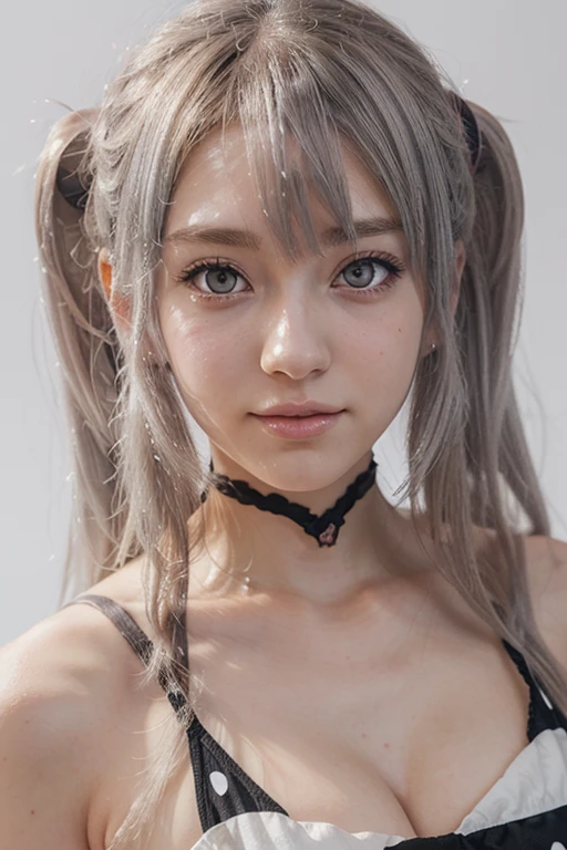 (thin eyebrows)、(((((closed mouth)))))、((Very strong sunshine))、((((beautiful silver hair))))、((small head))、(beautiful silver hair with short wavy:1.2)、full body shot、(((8K, RAW photo)))、 (((The face is cosplayer Enako))),(Shot from above in high-definition 8K)、(very delicate and beautiful)、(masterpiece)、(highest quality:1.0)、(超A high resolution:1.0)、realistic shadow、[High resolution]、 fine skin、super detailed、(beautiful hair)、Photoreal、lifelike face、big breasts thin waist、realistic eyes、small eyes、looking at camera、(((between the breasts)))、(eyeliner)、(mascara)、 lips with pink lips、((Looks very happy))、show your shoulders、Complex patterns and transparent materials、Artistic depiction of a fascinating woman, Emphasizes an attractive silhouette。That scene is、、sunbathing under the hot sun、Makes you feel the delicate beauty and charm of nature。(((intricate details))、advanced details、choker、NSFW,((highest quality、8K、masterpiece:1.3))、sharp focus:1.2、 (((Enamelled purple and silver corset)))、