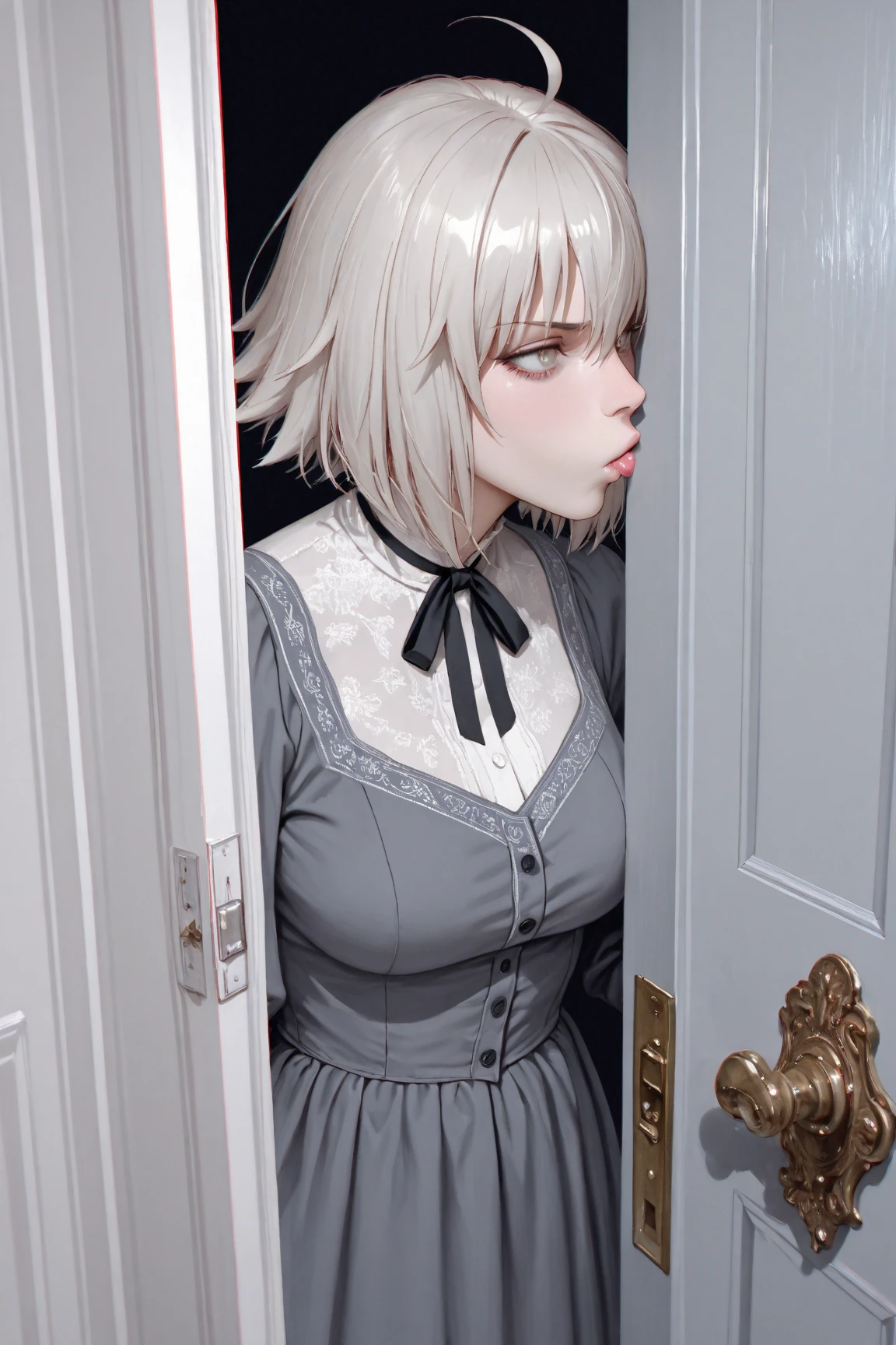 Best quality, masterpiece, super high resolution, (realism: 1.4), white hair, white curly hair, short hair, pale skin, bedhead, wispy bangs, black turtleneck, black lipstick, black long sleeves, indoors, eye shadow, mascara, black clothing, full_body, goth