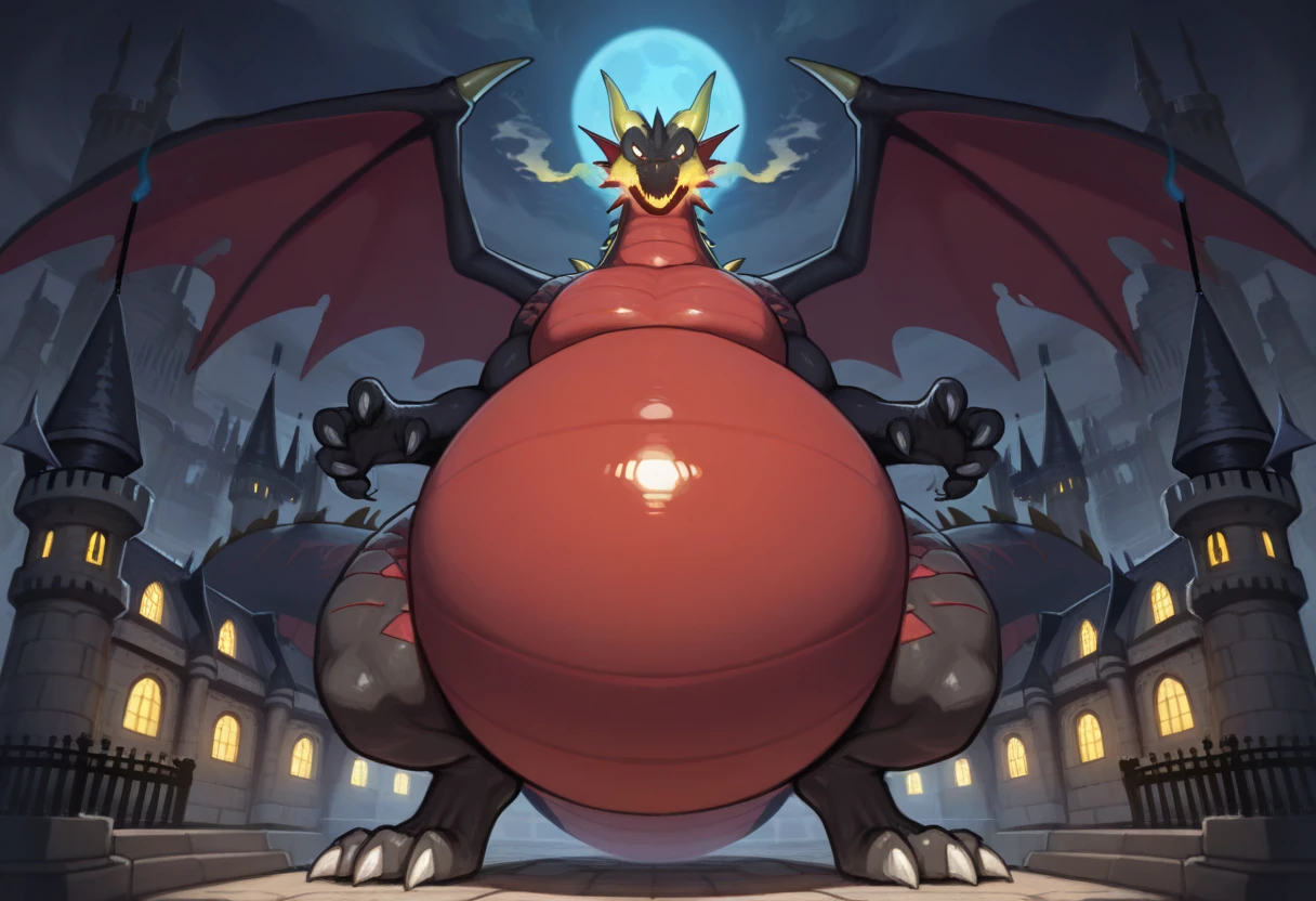 full body, furry, two leggied devil crown dragon, wide bottom, heavy bottom, fat bottom, very wided legs, ((large belly)), giant Round belly, long digitigrade leg, giant pearshape body, no nipple,detailed face, giant food background, tiny kobolds, castle, dragon breath, breath burp,