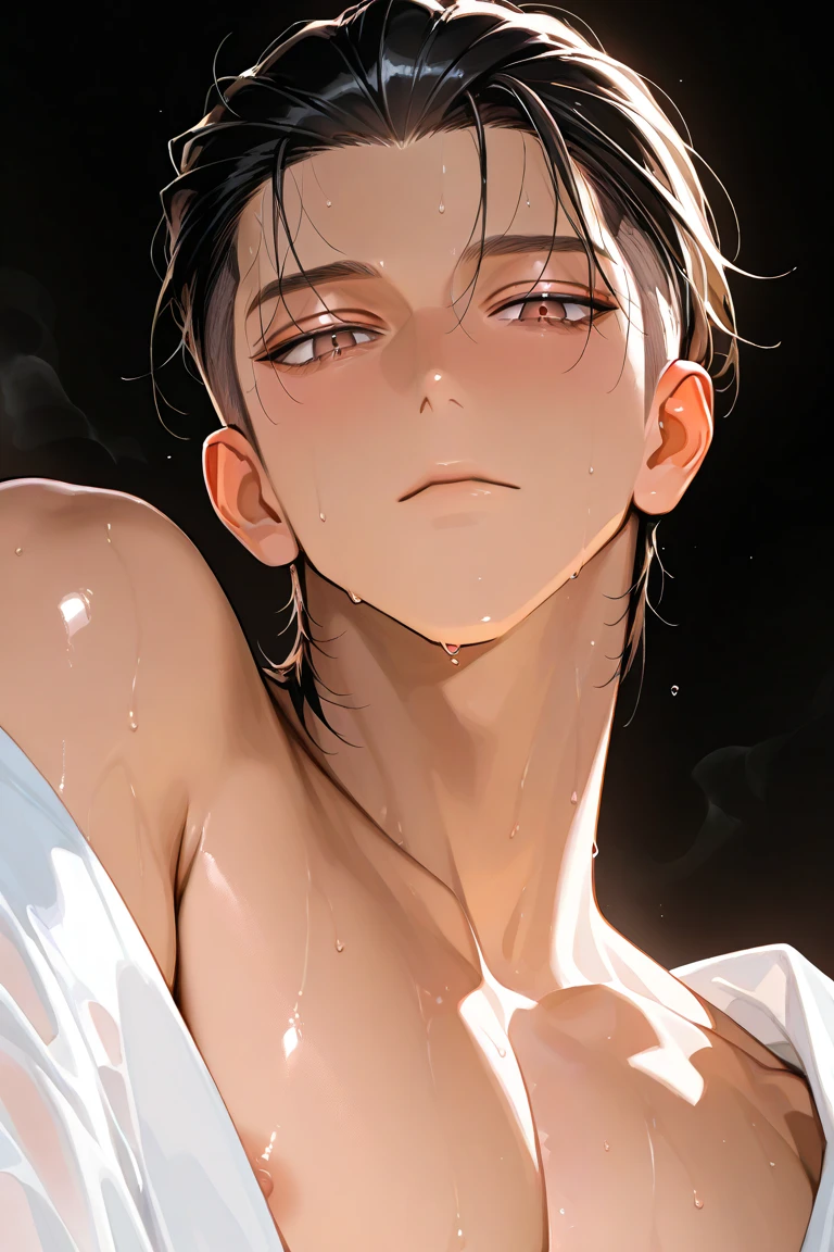 1 boy(15 years old、Levi Ackerman、black hair、blush、Sweat、half naked)、、between legs(bulge)、upright