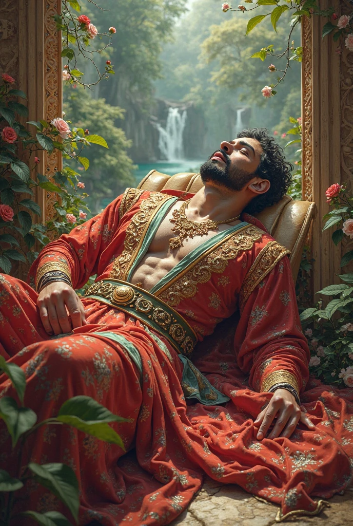 an Ashaninca Inca man who is lying in his bed thinking , anime