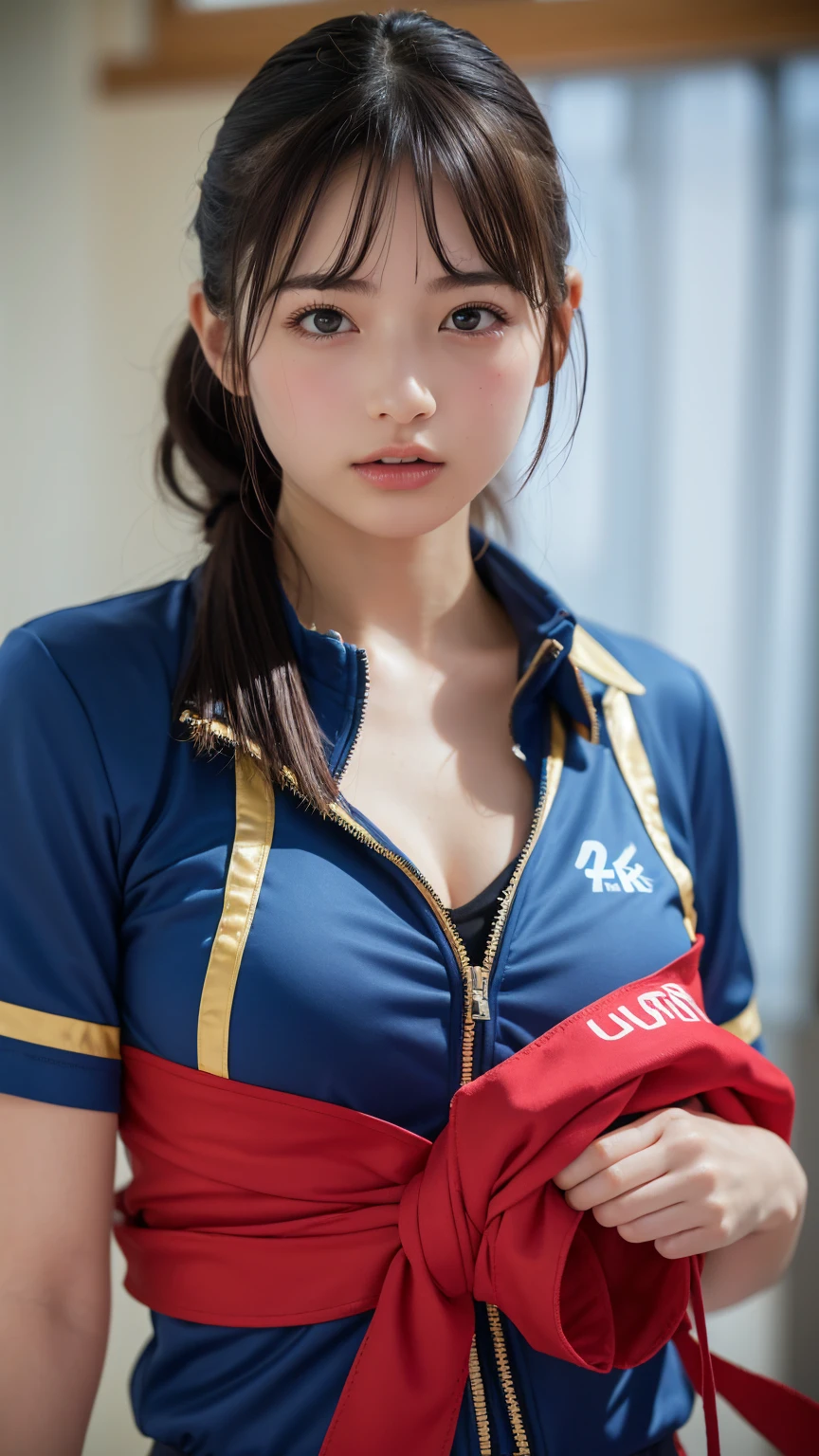 Arab asian woman in red and white shirt and red shorts, Kimi Takemura, wearing track and field suit, wearing a track suit, still from live action movie, closeup Iwakura Lain, chiho, promo still, wearing a tracksuit, Yasumoto Oka, live action movie scene, harumi, yukii morita