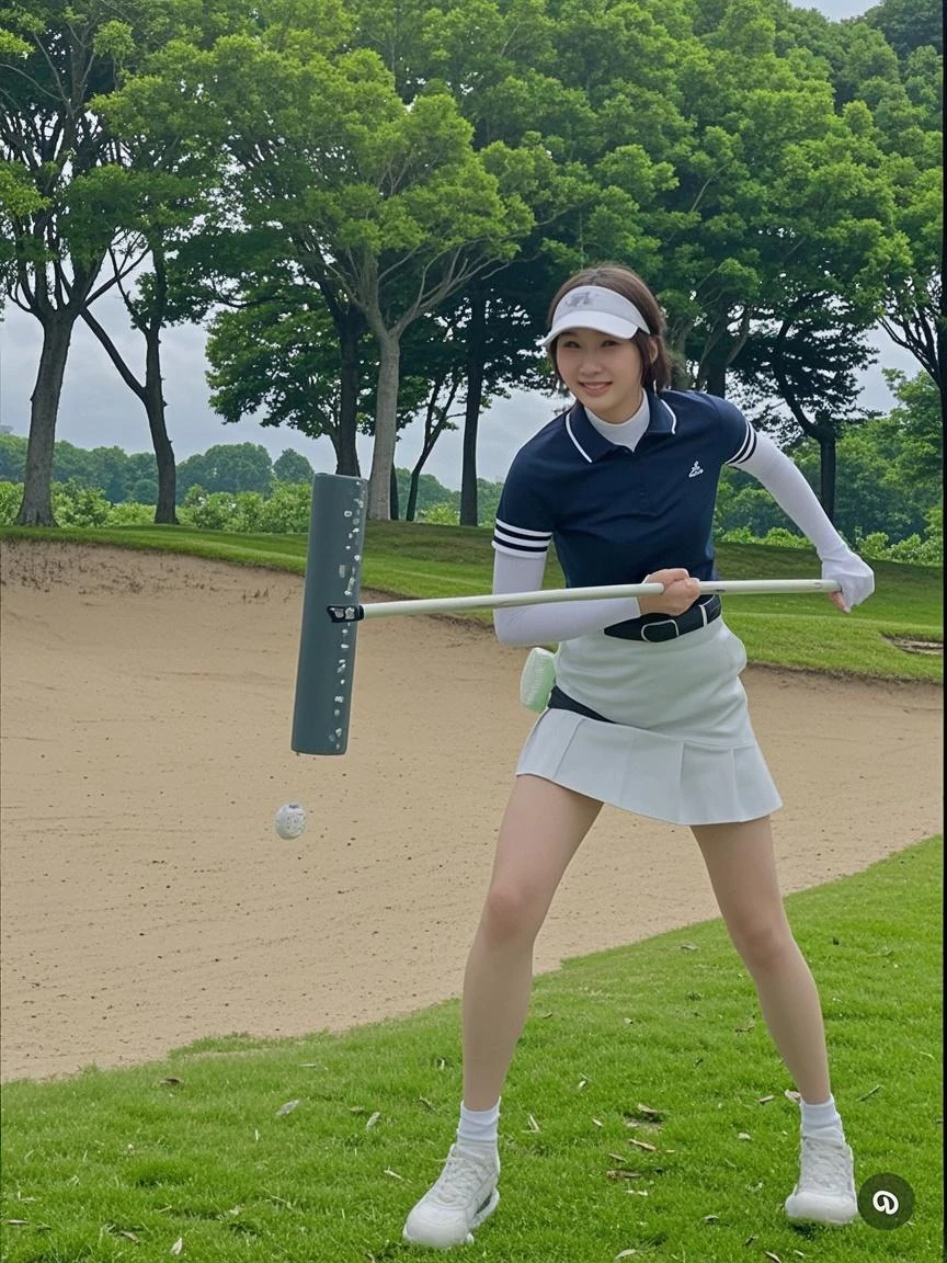 Highly detailed CG Unity 8k wallpaper, with the best quality, Super detailed, masterpiece, realistic, Realistic Photos, Highly detailed cute girl, 1, solo、slender, tall 165cm, (golf wear) , (golf mini flared skirt) , (hugging a golf driver), (wearing golf gloves)、smile , round eyes, slender body, small breasts、viewers watching, full body shot , golf course , (patting_line watching style), on green, ((squat pose)), Sun visor, ((low angle photo)), (no_panties), ribbon, ponytail, tongue out,