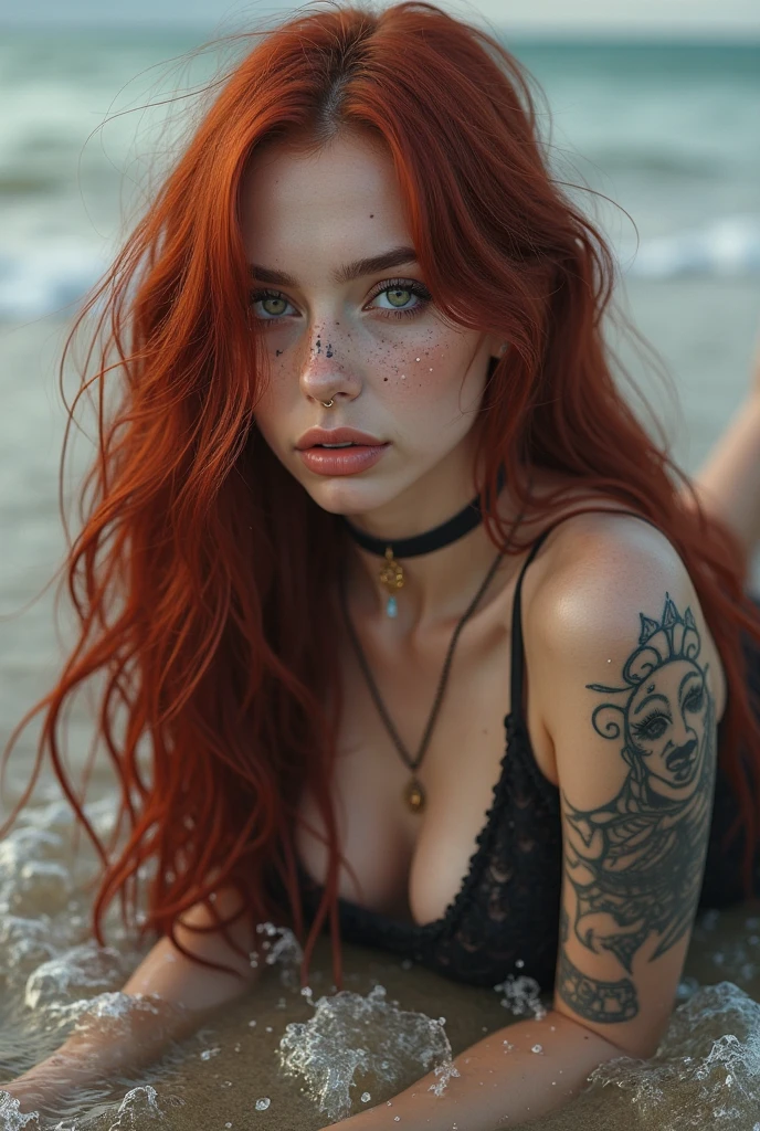 very detailed, 16K high resolution, incredibly detailed image, cinematic, best quality, masterpiece, realistic, detailed face, detailed background, mystical, dramatic lighting, A girl, 20 years old, she is alone, beautiful, natural red hair, straggly and messy wavy hair. Extremely detailed facial expressions with sharp and piercing green eyes. A delicate, slightly cheeky face, subtly made up. ((She is tattooed and pierced, large tubes in her ears.)), She has (very small breasts) and a slim figure, in good shape. Her height is about 1.70 meters. She lies naked on the beach sunbathing.