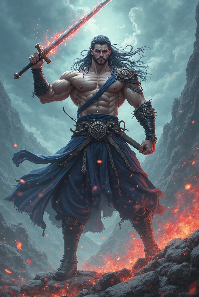 I would like to create an image based on the character Byamba, from the TV series Marco Polo, played by actor Uli Latukefu. This image portrays a fighting monk, with a sword in one of his hands. The character must have the appearance of a 54-year-old, relatively long black hair and beard. The image must be like real --auto --s2