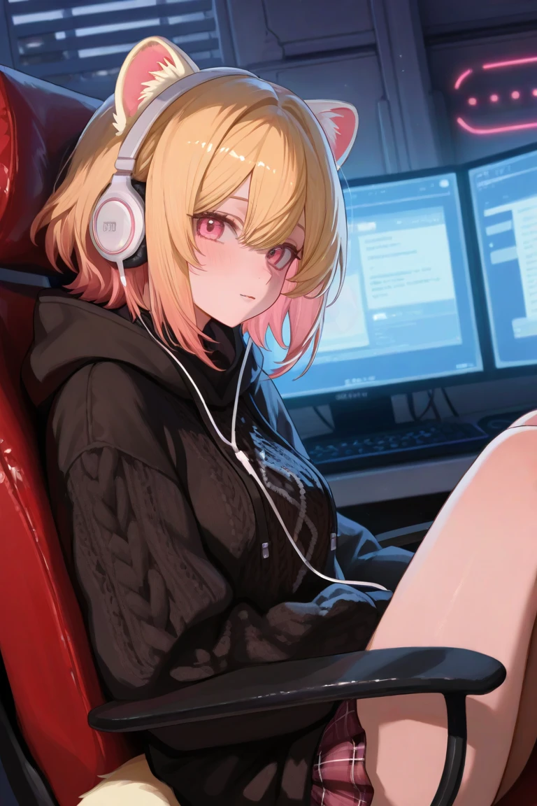 (ultra realistic, girl, short blonde hair twintails , evil smile , sadic , headphones, sitting, slumped in an armchair, in a futuristic cabin, surrounded by monitors, and olographic screens ,blood ,view from above, yelow lights, flat chest, pre-adolescent. She looks with smug , bra , mini-skirt, visible panties. open legs