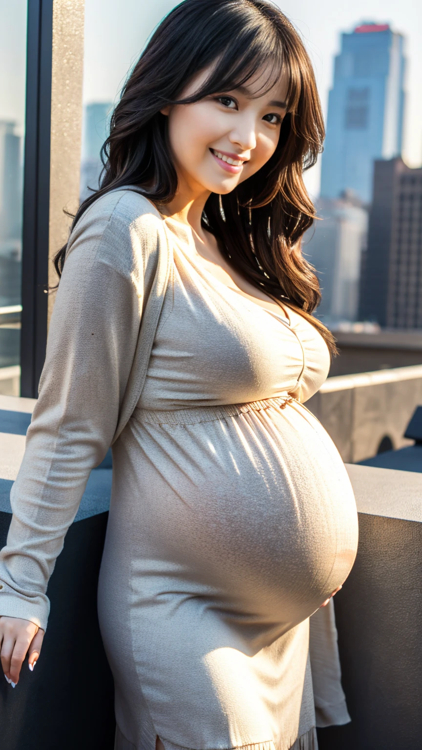 A gorgeous Woman, with a subtle and muted color palette, is captured in an 8k resolution, 70 mm frame. Her physique boasts a striking contrast, with a small waist giving way to gigantic breasts, enormous thighs, and hips that broaden to a curvaceous buttocks, ((pregnant)). Her dark skin shines under the soft, natural light, the swoon-worthy figure accentuated by the sweater dress she dons, leaving her seductive allure undeniable. Her pose is effortlessly alluring, her deep-set, mysterious eyes locked onto the viewer.