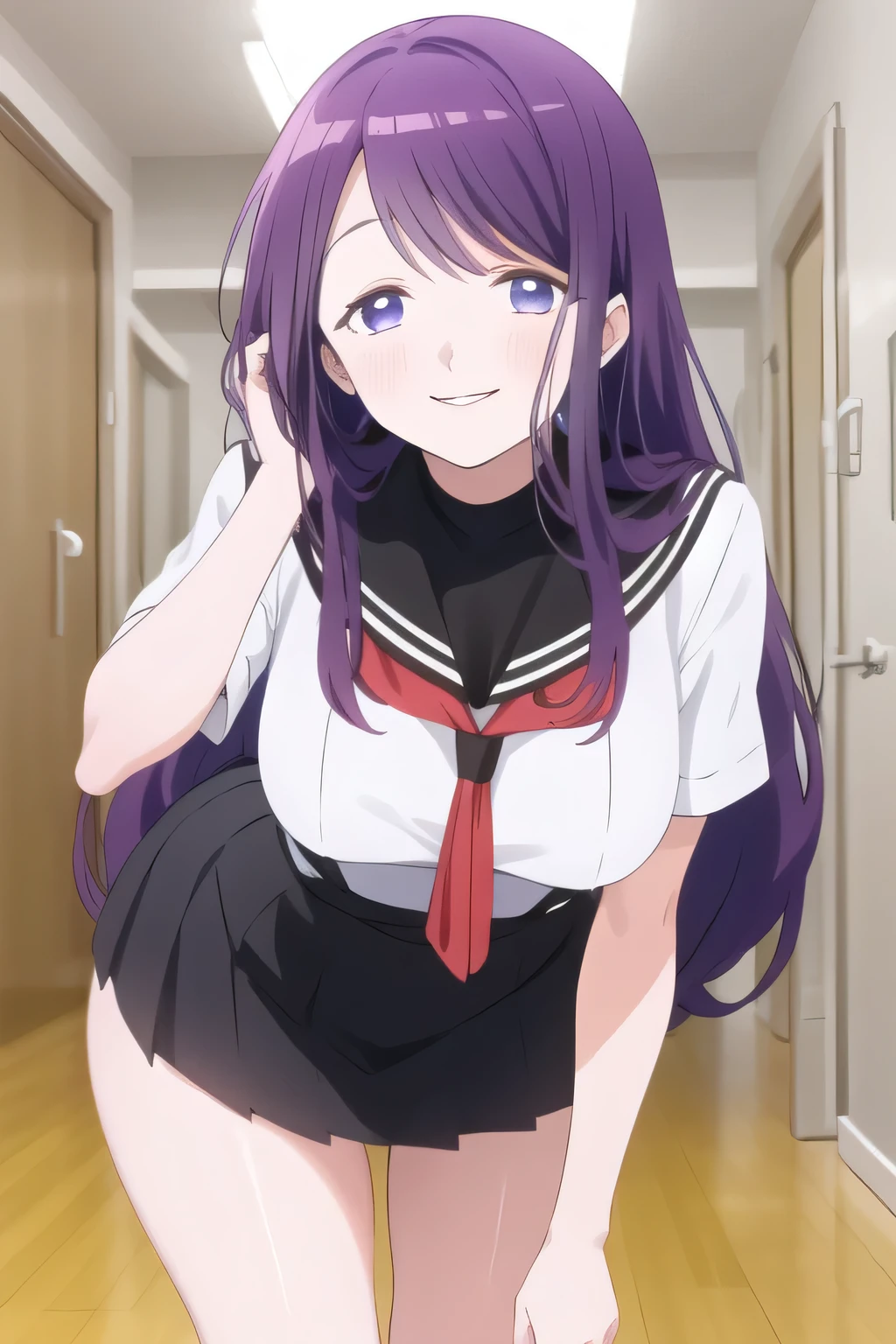 Purple Long Hair,Uniform ,Can you draw a nice smile,,High School Uniforms,navy blue miniskirt,,OL ,Inside the building,Let's draw a more delicate expression,A woman with a lovely smile,Delicate expression is given top priority, so I definitely need a face,Can you draw a nice smile even if my breasts are big and my waist is thin,beautiful legs,Please accurately describe the sex-appealing hands and feet of a 20-year-old adult,Big breasts, ,First, I need a delicate expression,