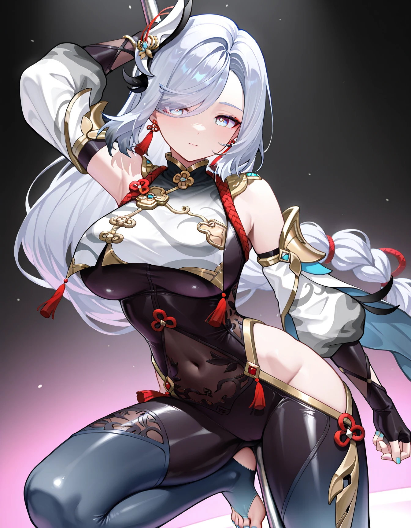 masterpiece, best quality, ShenheV4, 1girl, solo, looking at viewer, blush, hair ornament, gloves, sitting, braid, hair over one eye, thighs, outdoors, parted lips, sky, black gloves, elbow gloves, clothing cutout, bodysuit, covered navel, night, feet out of frame, tassel, star (sky), night sky, starry sky, gold trim, black bodysuit, hip vent, shoulder cutout, breast curtain, navel, earrings, parted lips, thigh gap, tassel, Umbrella